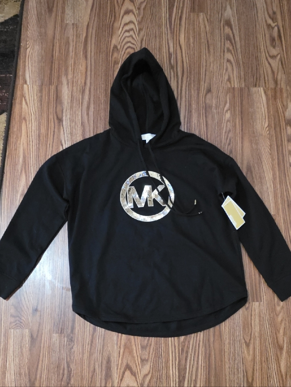 Michael Kors Black Hoodie with Metallic Gold MK Emblem